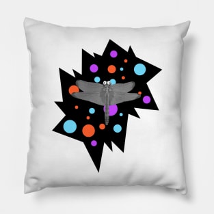 Dragonfly with cartoon eyes flys over colourful chasm Pillow