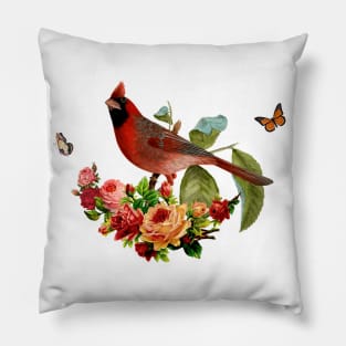 Romantic Red Cardinal Bird With Butterflies & Roses Pillow