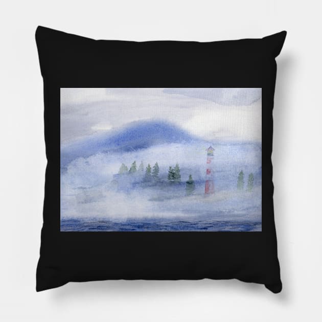 Lighthouse with Fog Watercolor Painting Pillow by Sandraartist