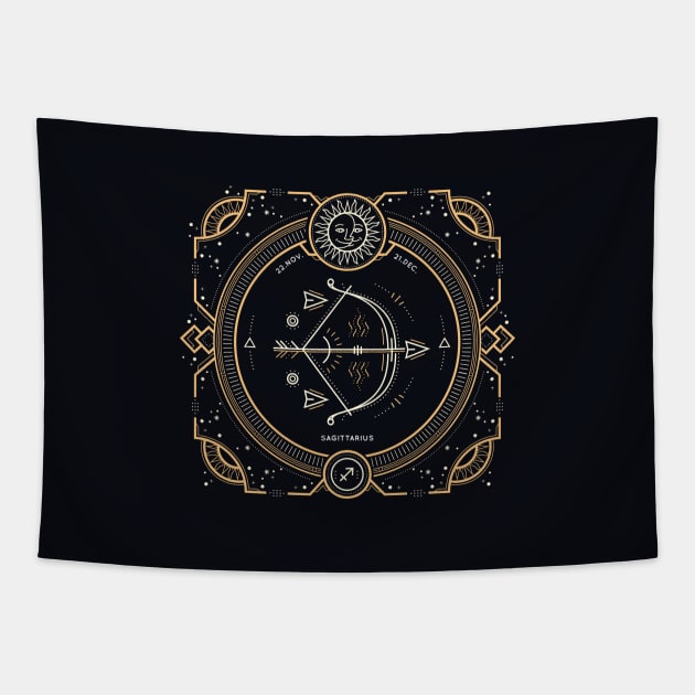 Sagittarius Zodiac Gold White with Black Background Tapestry by susannefloe