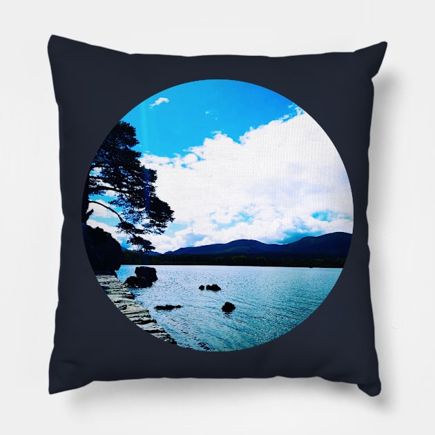 Countryside Blue Ocean Summer Beach Waves With Silhouette Mountains At The Back Under The Clear Blue Sky Pillow by AishwaryaMathur