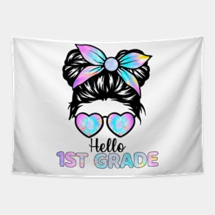 Hello 1st Grade Messy Hair Bun Girl Back To School First Day Tapestry