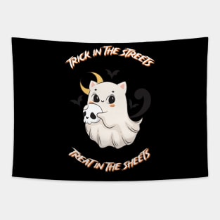Cat Ghost Print: Cute Halloween Kitty in a Sheet | Spooky Halloween Decor for Cat Lovers Tapestry