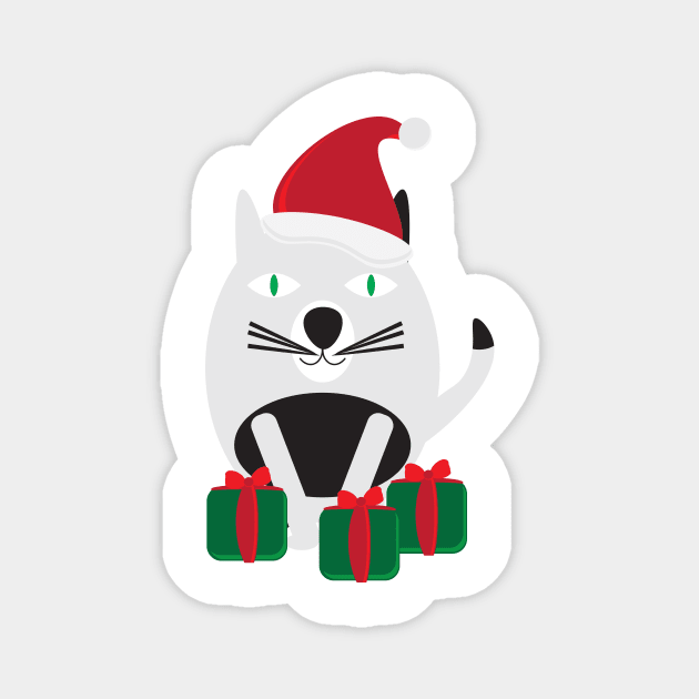 White Black Cartoon Cat with Santa Hat and Green Red Gifts Magnet by sigdesign