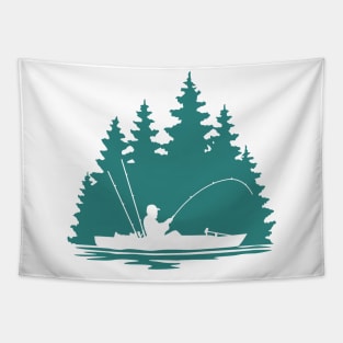 Kayak Fisherman Rural Forest Scene with Aqua Background Tapestry