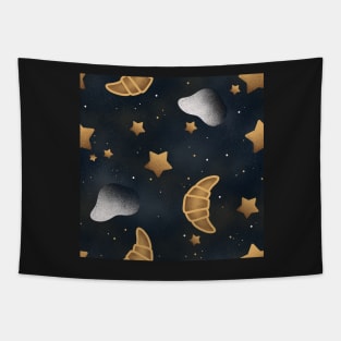 Cozy Croissant Moon Midnight Snack Pattern With Milk & Cookies Tapestry