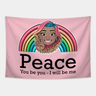 rainbow Reva Prisma peace sign emoji (black text) Tapestry