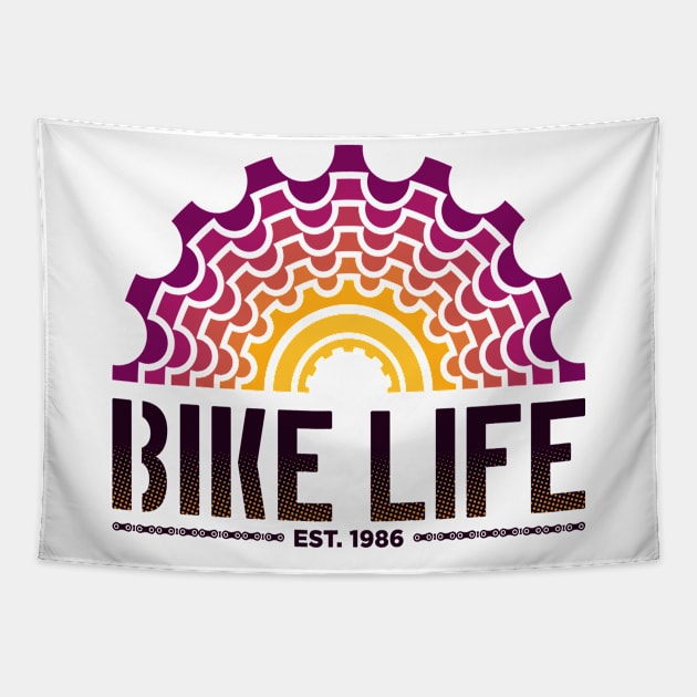 Bike Life legend with half back bycicle cassette and bike chain lines. Tapestry by Drumsartco