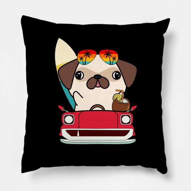 Funny pug driving a car Pillow by Pet Station