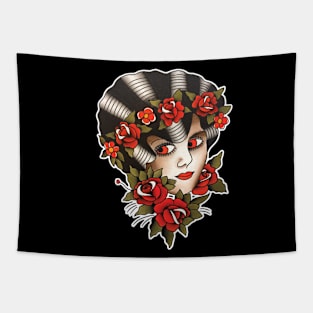 Lady Face with Roses Tattoo Design Tapestry