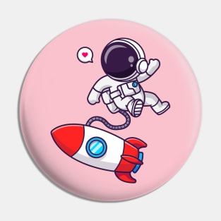 Cute Astronaut Floating With Rocket In Space Cartoon Pin