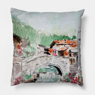 Italy landscape watercolor and ink 2 Pillow