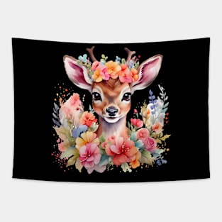 A baby deer decorated with beautiful watercolor flowers Tapestry