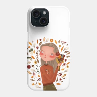 Beautiful fall girl with autumn flowers and orange leaves Phone Case