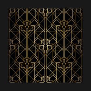 Black and Gold Vintage Art Deco Geometric Squares Pattern T-Shirt