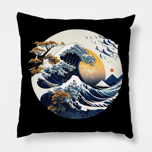 Japanese Art Style Great Wave off Kanagawa Pillow by SamCreations