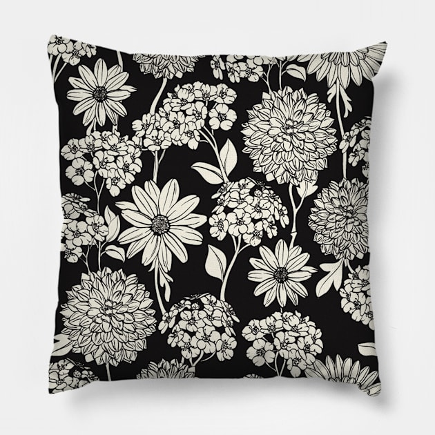 Black and White Neck Gator Black and White Dahlias and Daisies Pattern Pillow by DANPUBLIC