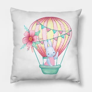 cute bunny on a pink hot air balloon Pillow