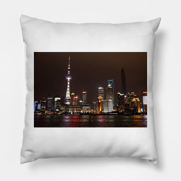 Shanghai Skyline at Night Pillow by holgermader