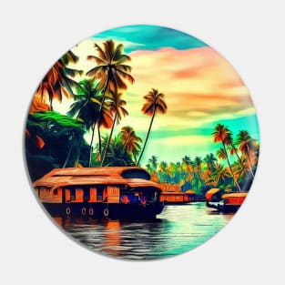 Elegant Kerala natural landscape of coconut trees sunset sky river and houseboat Pin