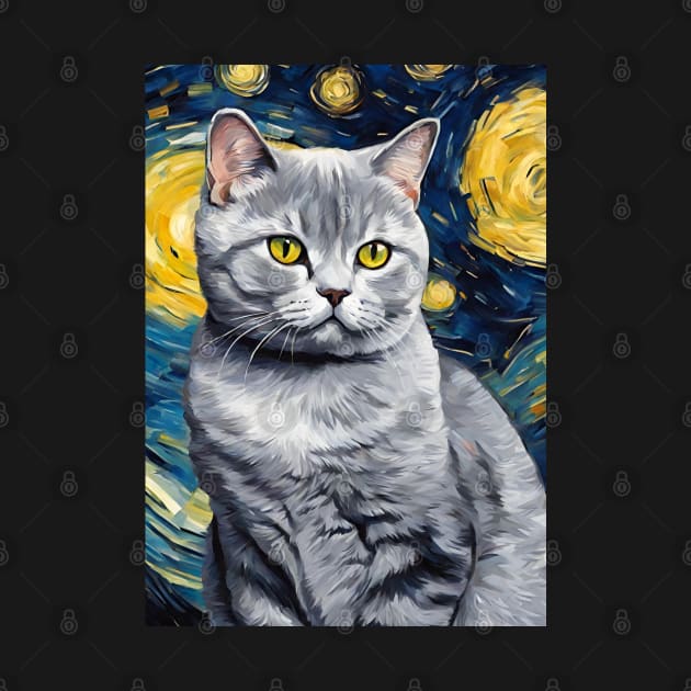 Cute British Shorthair Cat Breed Painting in a Van Gogh Starry Night Art Style by Art-Jiyuu