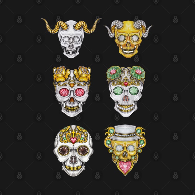 Skull head fancy art set witn gems diamond silver and gold design. by Jiewsurreal