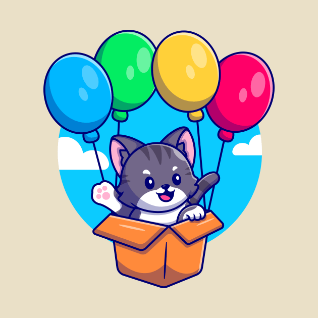 Cute Cat Flying With Cardboard Box And Balloon Cartoon by Catalyst Labs
