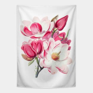 Watercolor Botanical Pink Magnolia Flowers Tapestry