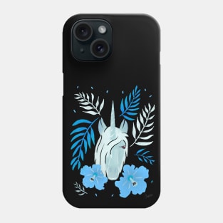 Unicorn and Blue Hibiscus Flower and Tropical Leaves Phone Case