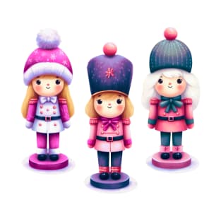 Offset Colorful Trio of Christmas Nutcracker Dolls - Pink and Purple T-Shirt