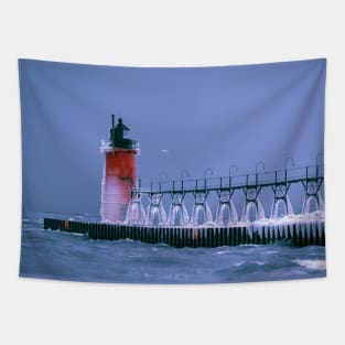 Frozen South Haven Lighthouse Tapestry