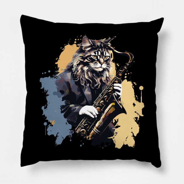 Maine Coon Cat Playing Saxophone Pillow by Graceful Designs