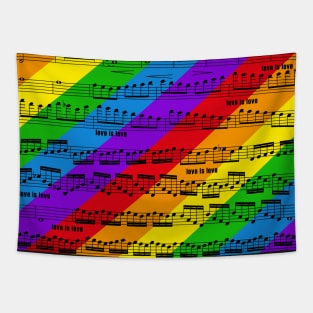 love is love - pride music notes - sheet music black on rainbow Tapestry