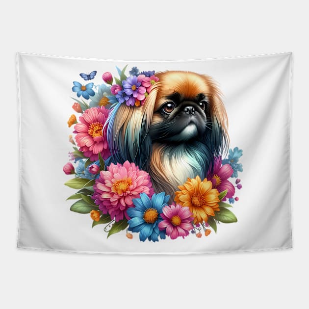 A pekingese decorated with beautiful colorful flowers. Tapestry by CreativeSparkzz