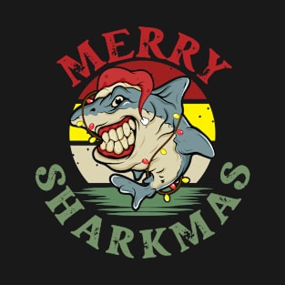 Merry Sharkmas. Funny Christmas Santa Hat Wearing Shark Boys Gift T-Shirt