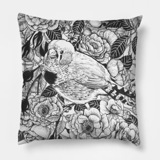 Zebra finch and rose bush ink drawing Pillow