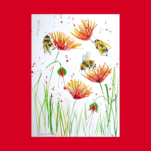 Bumble bees and Red and Yellow Flowers by Casimirasquirkyart