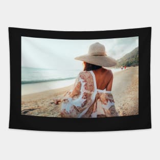 Beautiful Elegant Woman Sitting on Beach and Watching the Ocean Tapestry