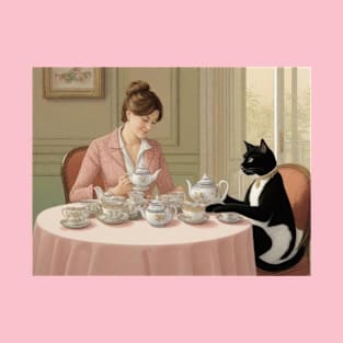 Tea Party with Lady and her Cat Visitor T-Shirt