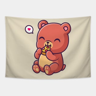 Cute Bear Eating Pizza Cartoon Tapestry