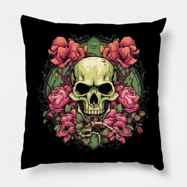 Evil Skull with Roses and Green Leaves Pillow by TOKEBI