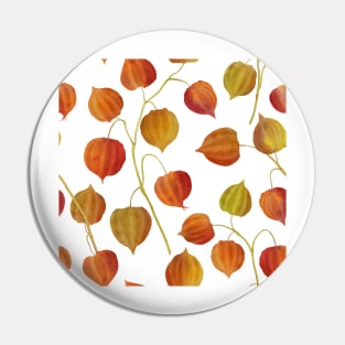 Physalis flowers watercolor seamless pattern. Golden berry plants. Cape gooseberry buds. Colorful autumn leaves structure Pin