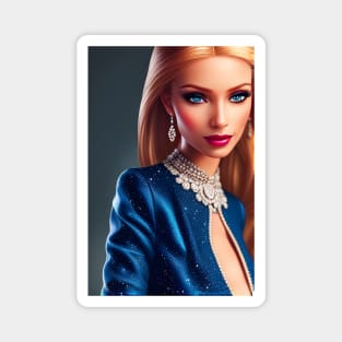 Beautiful Blonde Fashion Doll in Blue Dress - AI Art Portrait Magnet