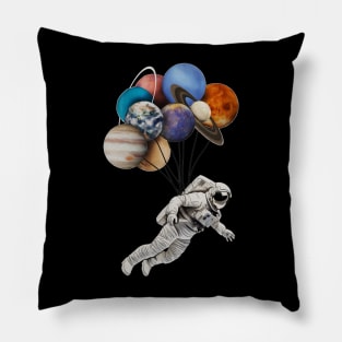 Astronaut Floating with Planets as Balloons Colourful Pillow