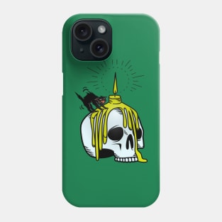 Laminated skull with a dripping candle on top and a frightened black cat with ruffled fur Phone Case