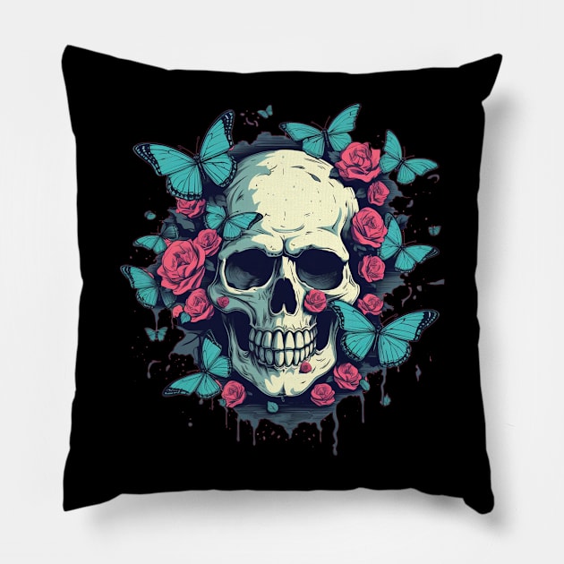 Skull with Buttlerflies and Roses Pillow by TOKEBI