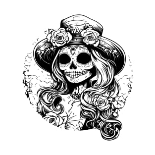 Mexican catrina skull, black and white T-Shirt