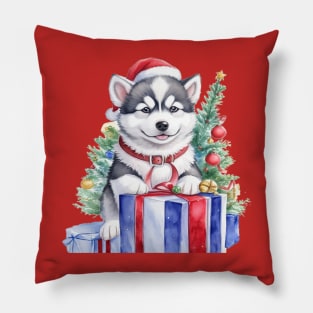 husky dog puppy celebrating Christmas Pillow