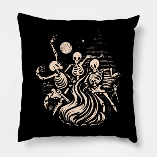 Skeletons Dancing Around a fire under the moon Pillow