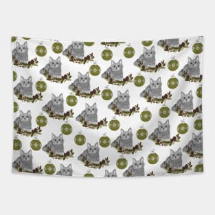 Grey Cat Pattern with Green Ornaments in White Background Tapestry